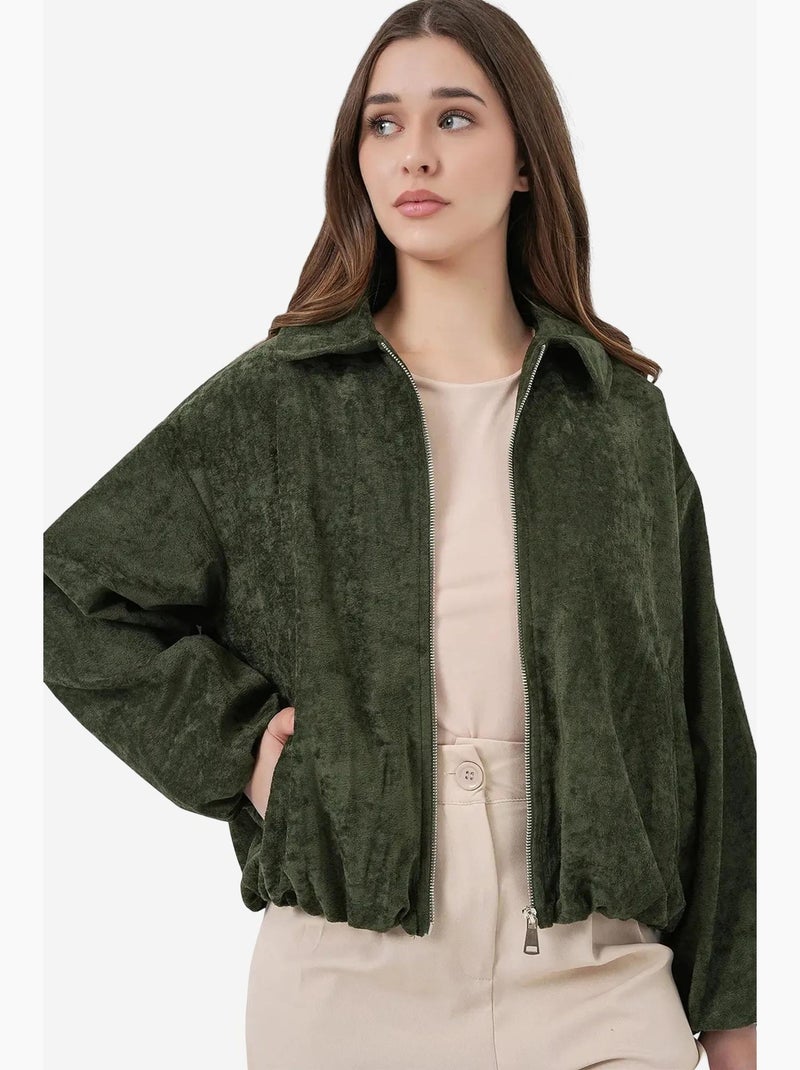 Casaco oversized de veludo com fecho de correr e bolsos bdart Cáqui - Kiabi