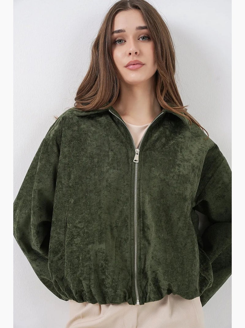 Casaco oversized de veludo com fecho de correr e bolsos bdart Cáqui - Kiabi