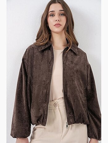 Casaco oversized de veludo com fecho de correr e bolsos bdart