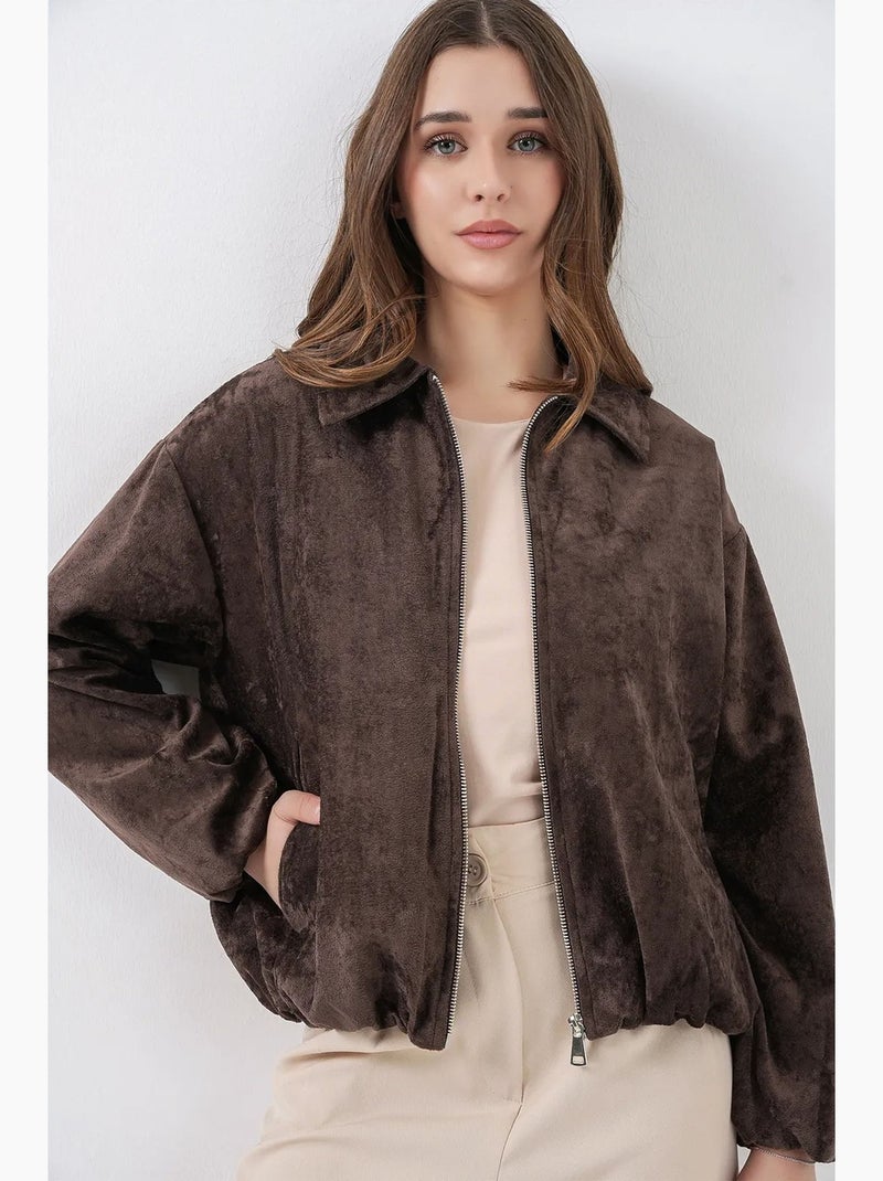 Casaco oversized de veludo com fecho de correr e bolsos bdart Castanho-chocolate - Kiabi