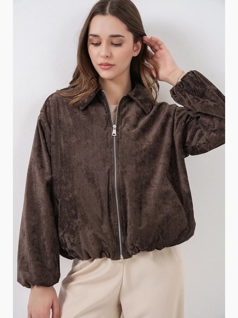 Casaco oversized de veludo com fecho de correr e bolsos bdart Castanho-chocolate - Kiabi