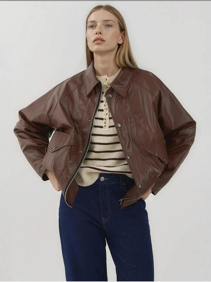 Casaco oversized em pele sintética com bolsos hiccup Castanho-escuro - Kiabi