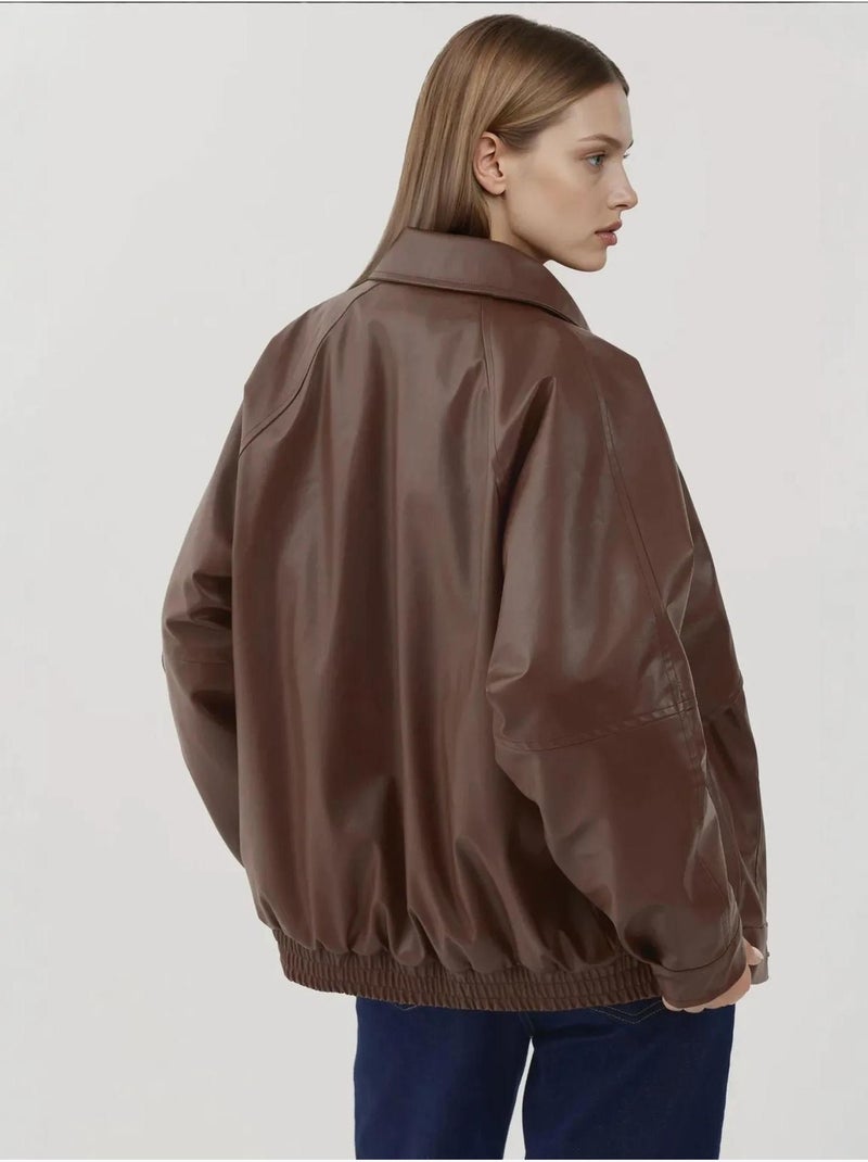 Casaco oversized em pele sintética com bolsos hiccup Castanho-escuro - Kiabi