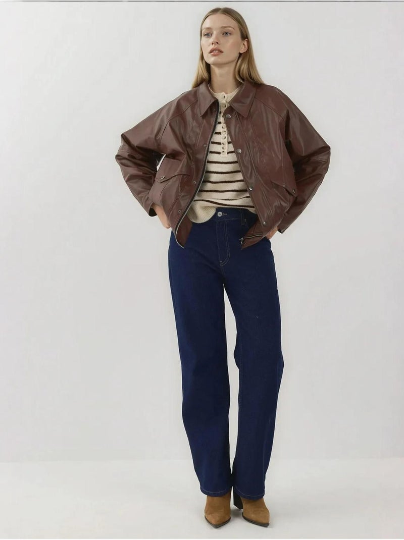 Casaco oversized em pele sintética com bolsos hiccup Castanho-escuro - Kiabi