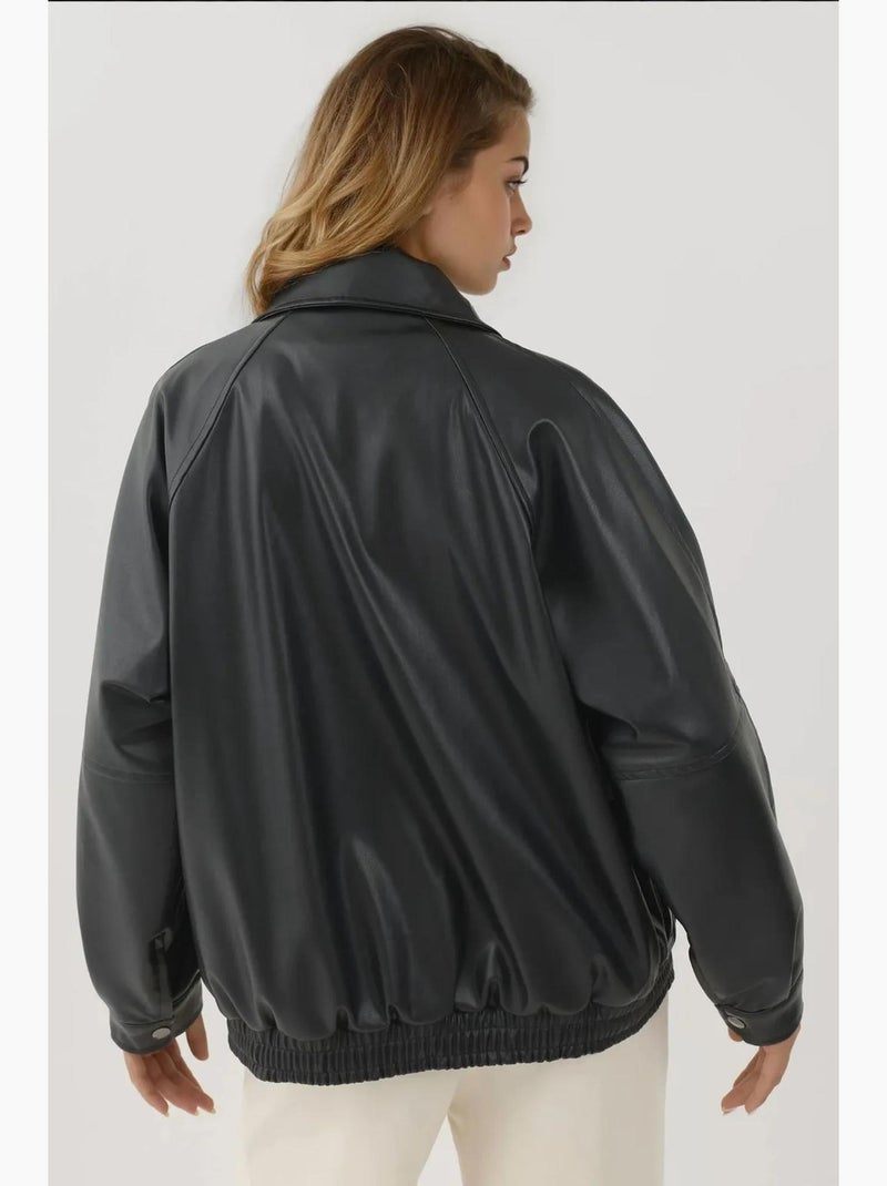 Casaco oversized em pele sintética com bolsos hiccup Preto - Kiabi