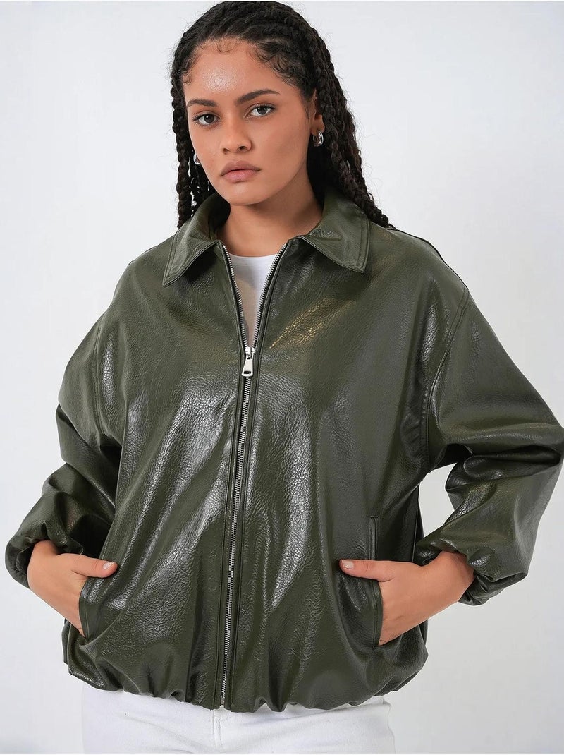 Casaco oversized em pele sintética com fecho de correr bdart Cáqui - Kiabi