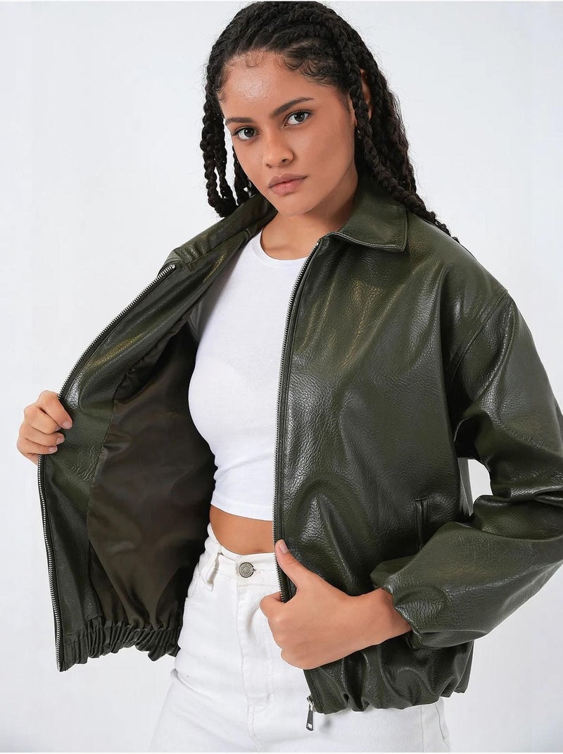 Casaco oversized em pele sintética com fecho de correr bdart Cáqui - Kiabi