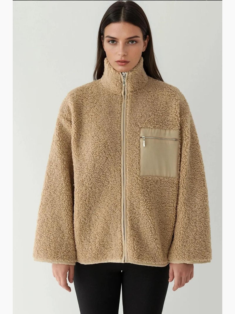 Casaco oversized em peluche com gola com fecho de correr hiccup Camelo - Kiabi