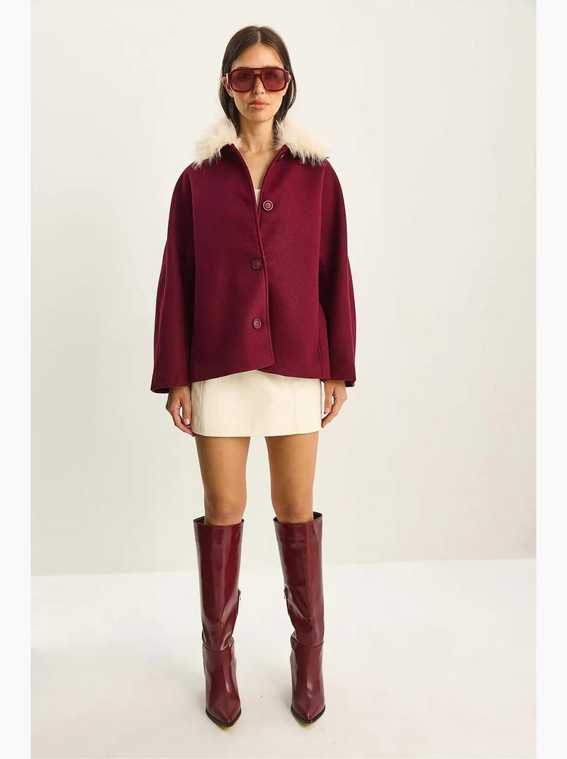 Casaco oversized em peluche com gola de pelo lucci Vermelho bordô - Kiabi