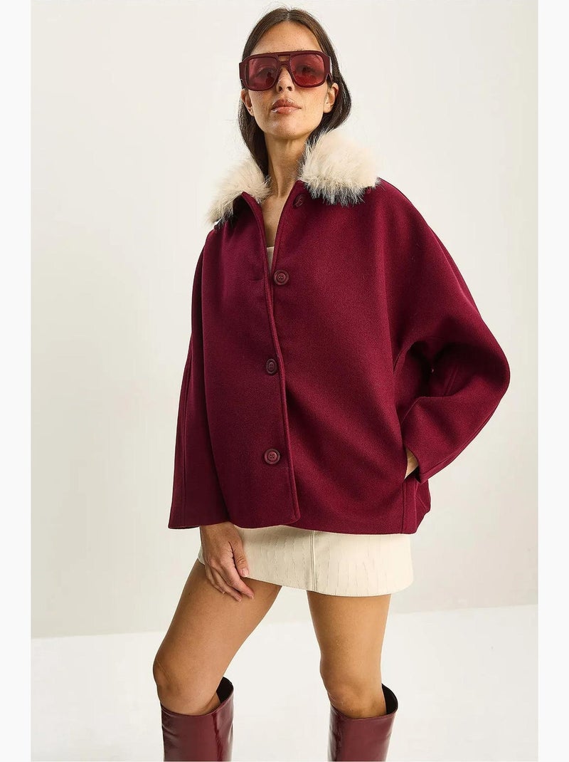 Casaco oversized em peluche com gola de pelo lucci Vermelho bordô - Kiabi