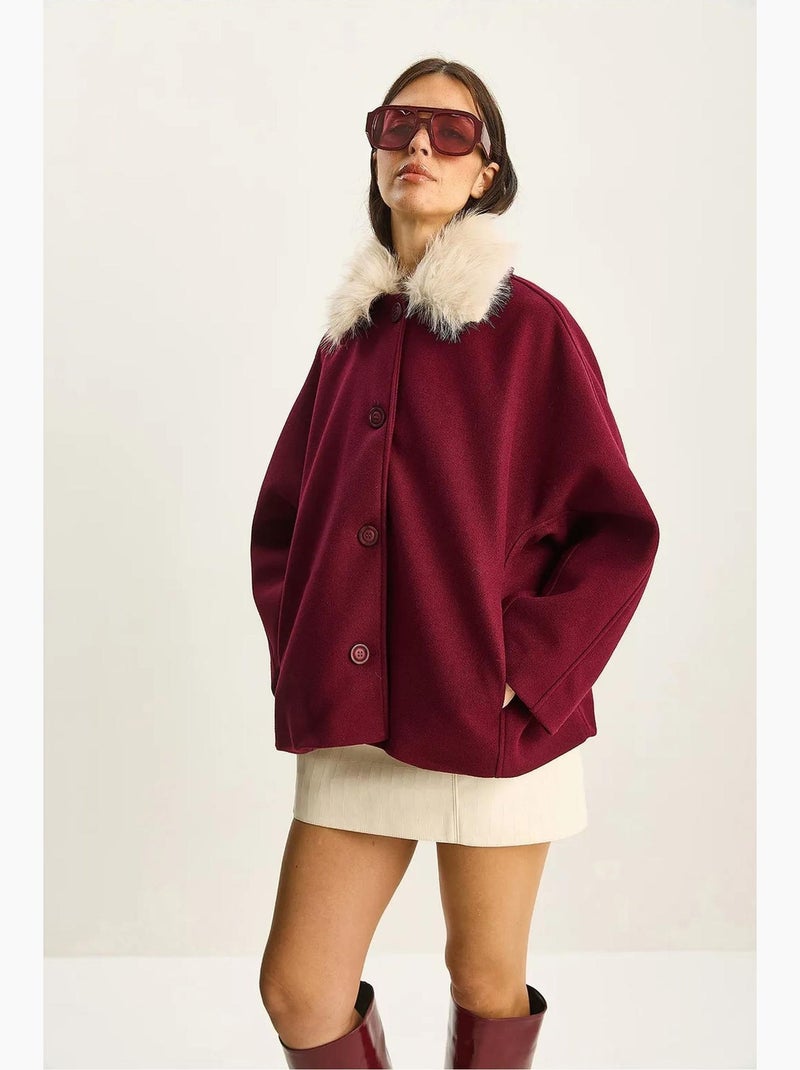 Casaco oversized em peluche com gola de pelo lucci Vermelho bordô - Kiabi