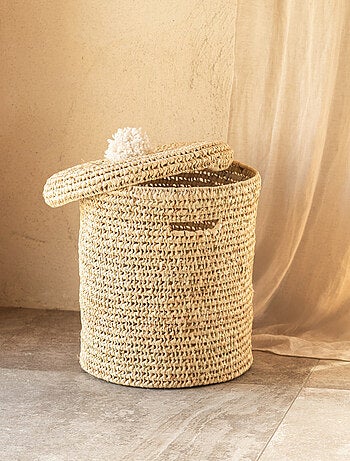 Cesto para roupa suja com tampa de pompom