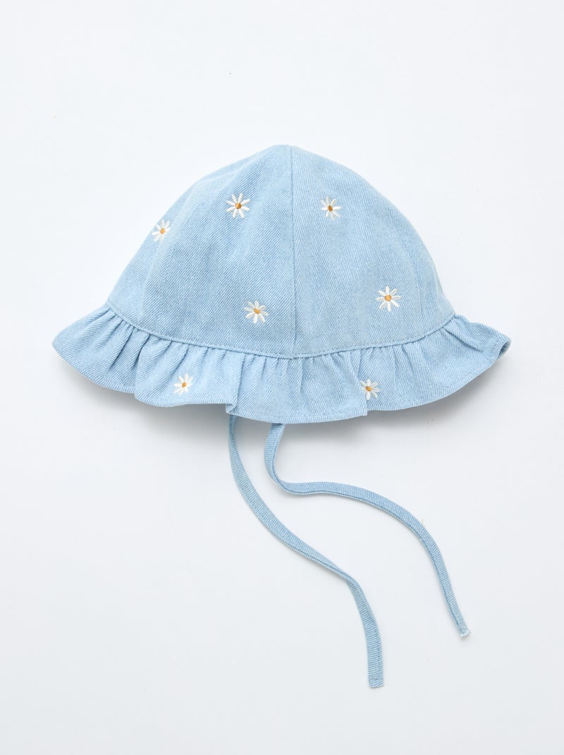Chapéu de Balde em Ganga Bordado com Flores Azul - Kiabi