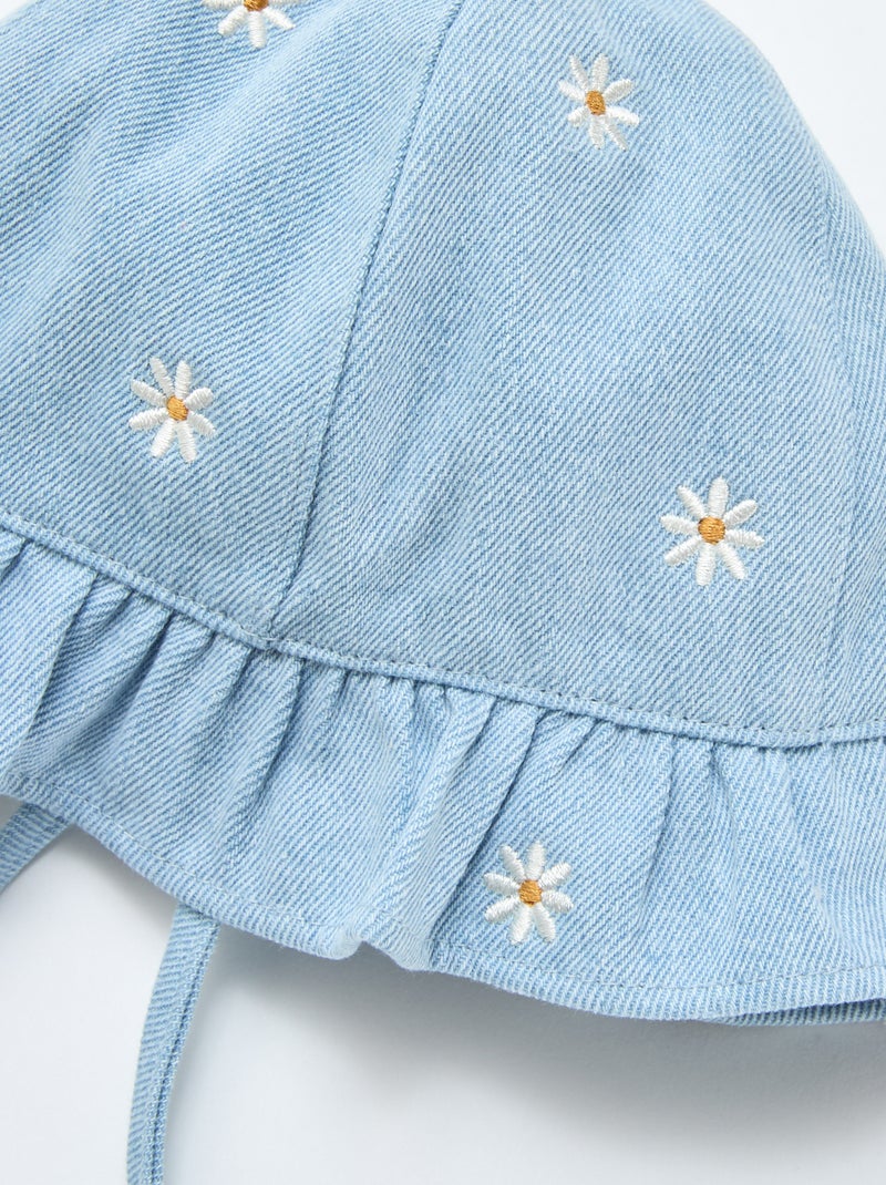 Chapéu de Balde em Ganga Bordado com Flores Azul - Kiabi