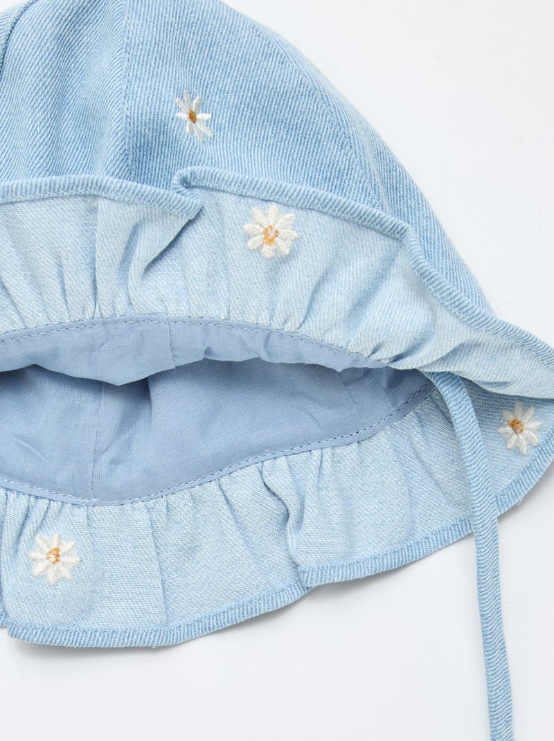 Chapéu de Balde em Ganga Bordado com Flores Azul - Kiabi