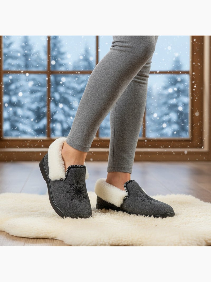 Charentaises mulher inverno ozabi, bordado floco, gola pele, sola amovível Azul antracite - Kiabi
