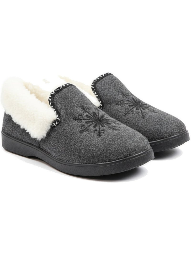 Charentaises mulher inverno ozabi, bordado floco, gola pele, sola amovível Azul antracite - Kiabi