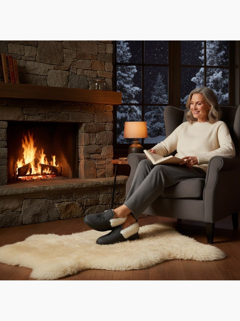Charentaises mulher inverno ozabi, bordado floco, gola pele, sola amovível Azul antracite - Kiabi