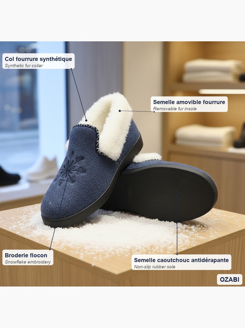 Charentaises mulher inverno ozabi, bordado floco, gola pele, sola amovível Azul-marinho - Kiabi