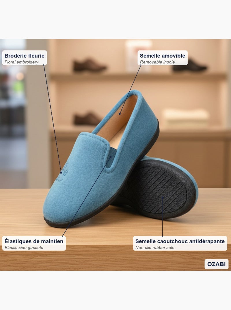 Charentaises mulher ozabi, feutro bordado flores, elasticos Azul - Kiabi