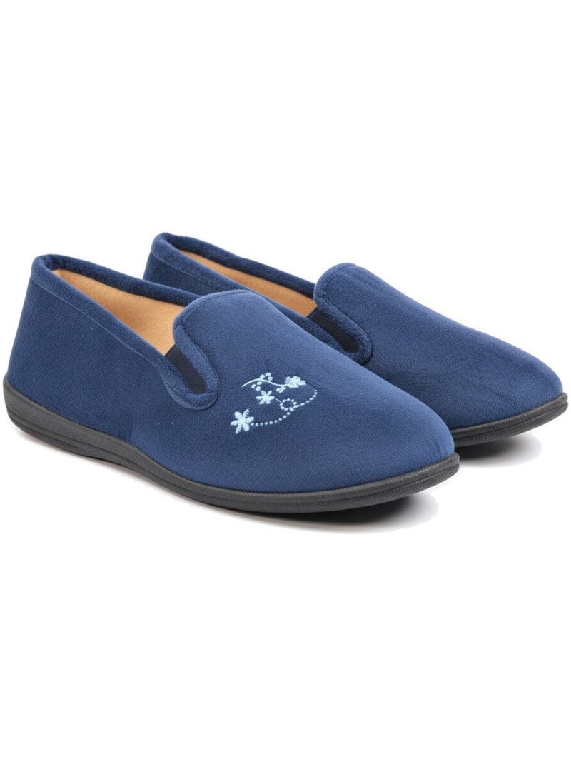 Charentaises mulher ozabi, feutro bordado flores, elasticos Azul-marinho - Kiabi