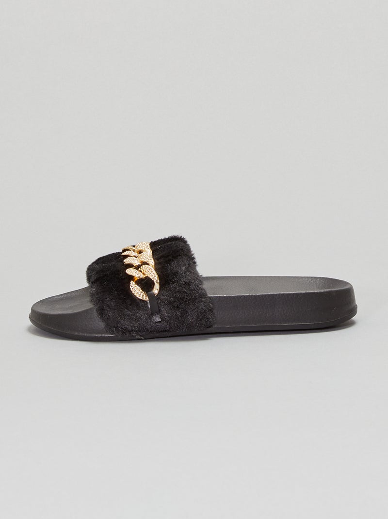Chinelas efeito lã de carneiro com corrente dourada Preto - Kiabi