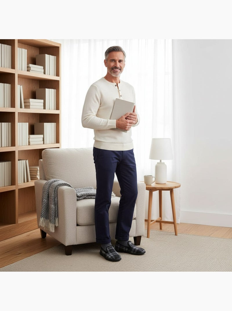 Chinelas homem ozabi antiderrapantes xadrez forradas sola removível Azul antracite - Kiabi