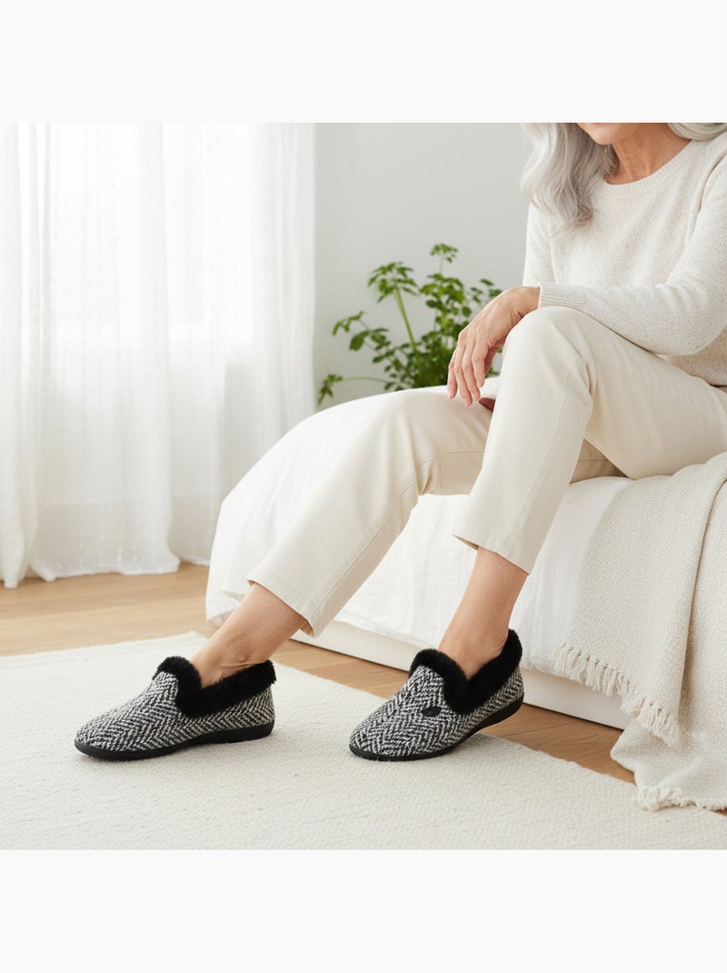 Chinelas mulher ozabi forradas fantasia bordadas gola falsa pele Azul antracite - Kiabi