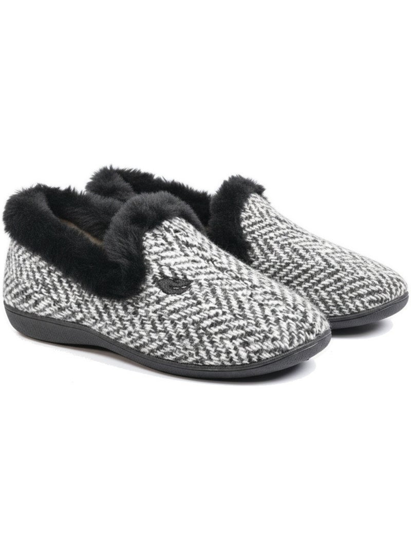 Chinelas mulher ozabi forradas fantasia bordadas gola falsa pele Azul antracite - Kiabi