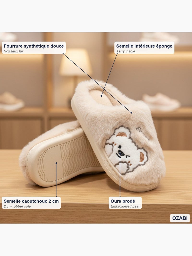 Chinelos abertos mulher ozabi urso bordado pelúcia Bege - Kiabi