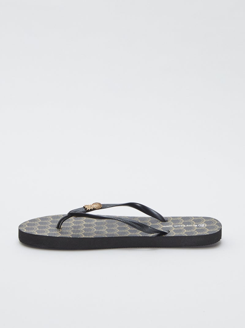 Chinelos com estampado e pin ananás 'My beach spirit' PRETO - Kiabi