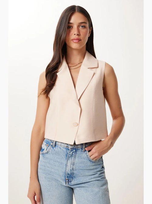Colete cropped de linho sem mangas com gola xale istanbul - Kiabi Colete cropped de linho sem mangas com gola xale istanbul - Kiabi