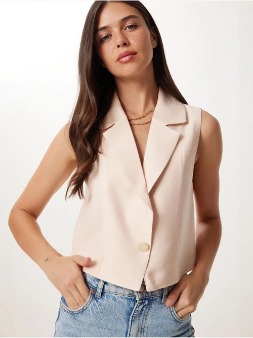 Colete cropped de linho sem mangas com gola xale istanbul - Kiabi Colete cropped de linho sem mangas com gola xale istanbul - Kiabi