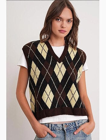 Colete de malha com decote em v e padrão argyle mixray