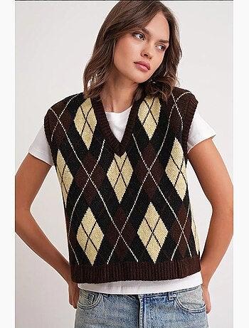 Colete de malha com decote em v e padrão argyle mixray