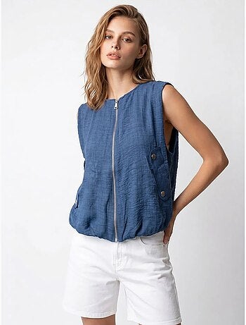 Colete de popelina tecida feminino com fecho de correr frontal mixray
