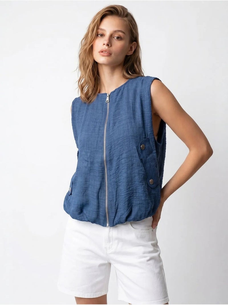 Colete de popelina tecida feminino com fecho de correr frontal mixray Azul-noite - Kiabi