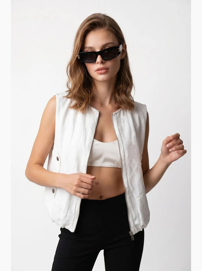 Colete de popelina tecida feminino com fecho de correr frontal mixray Branco - Kiabi