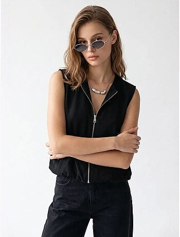 Colete de popelina tecida feminino com fecho de correr frontal mixray