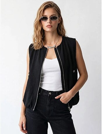 Colete de popelina tecida feminino com fecho de correr frontal mixray