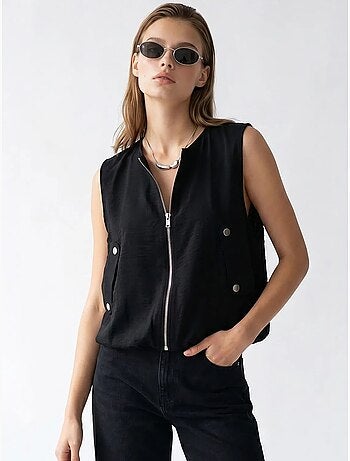 Colete de popelina tecida feminino com fecho de correr frontal mixray