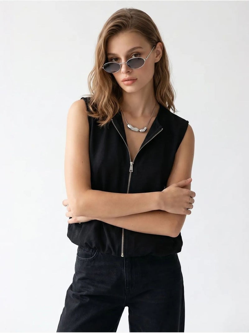 Colete de popelina tecida feminino com fecho de correr frontal mixray Preto - Kiabi
