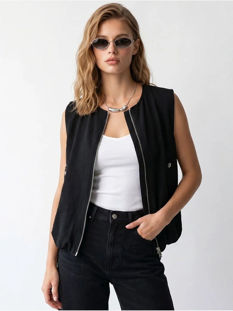 Colete de popelina tecida feminino com fecho de correr frontal mixray Preto - Kiabi