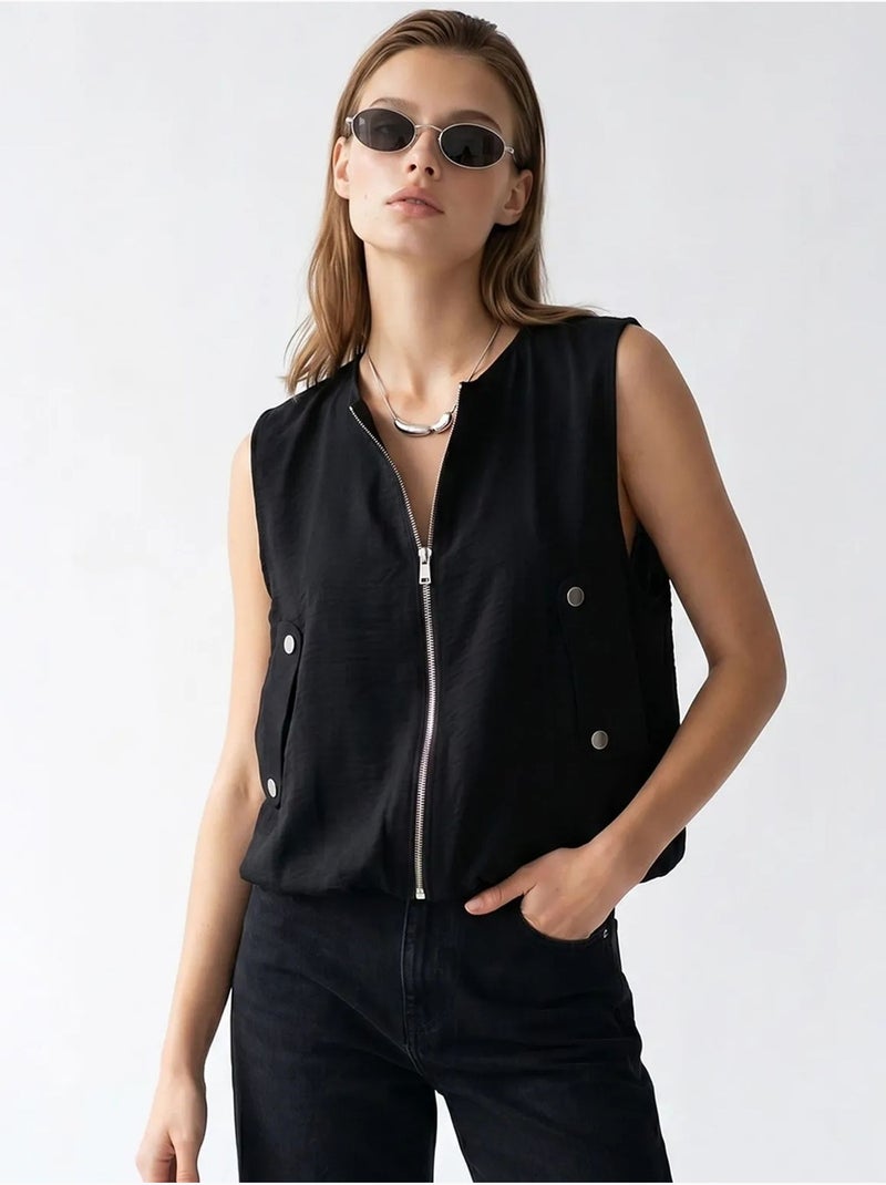Colete de popelina tecida feminino com fecho de correr frontal mixray Preto - Kiabi