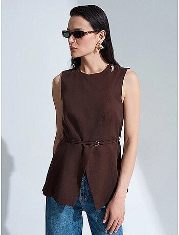 Colete feminino em popelina de tencel com cinto na cintura dilvin