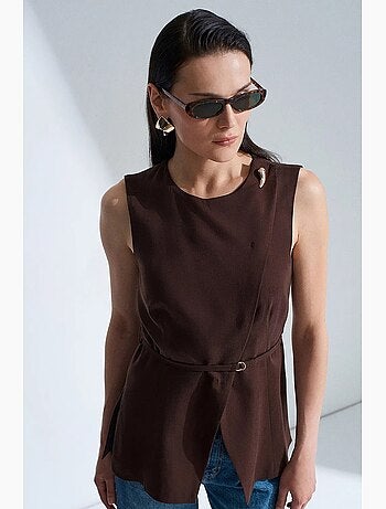 Colete feminino em popelina de tencel com cinto na cintura dilvin
