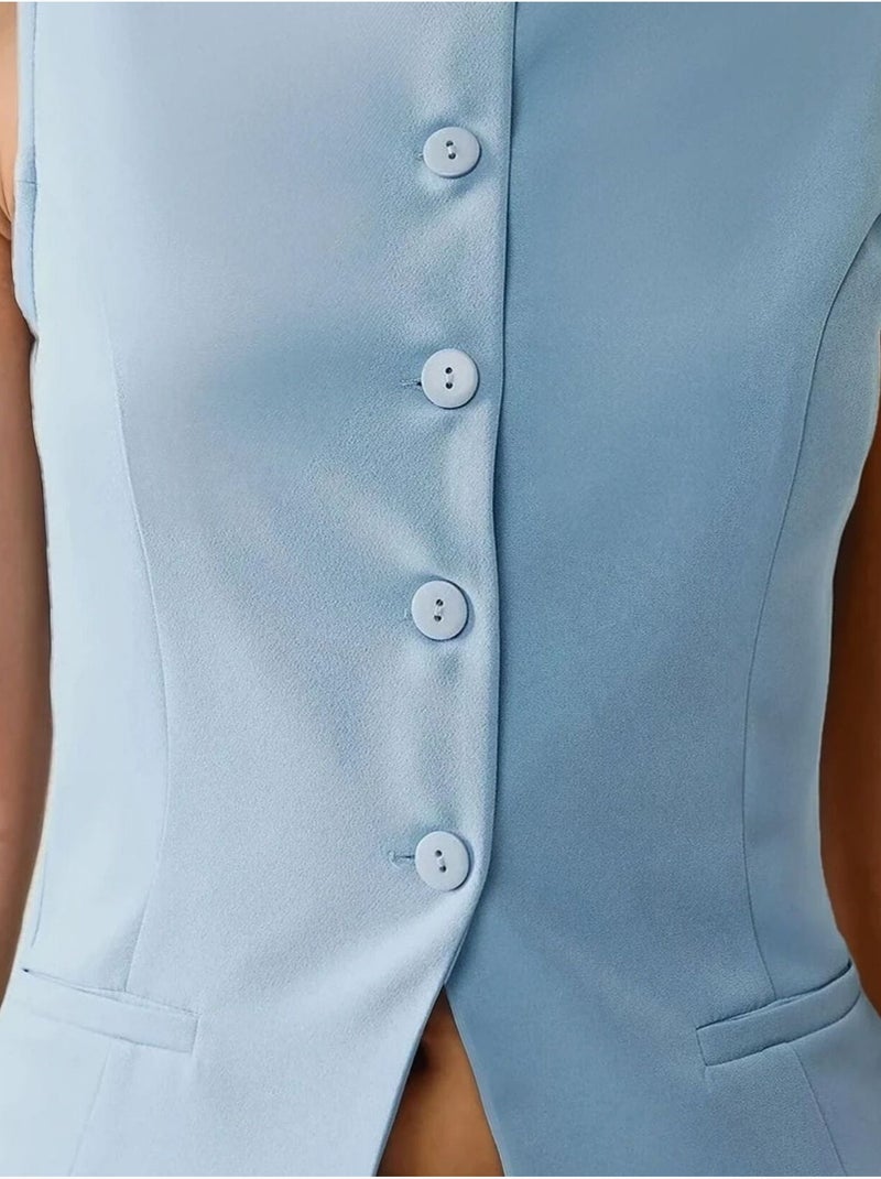 Colete sem mangas com decote redondo e detalhe de botões Azul-céu - Kiabi