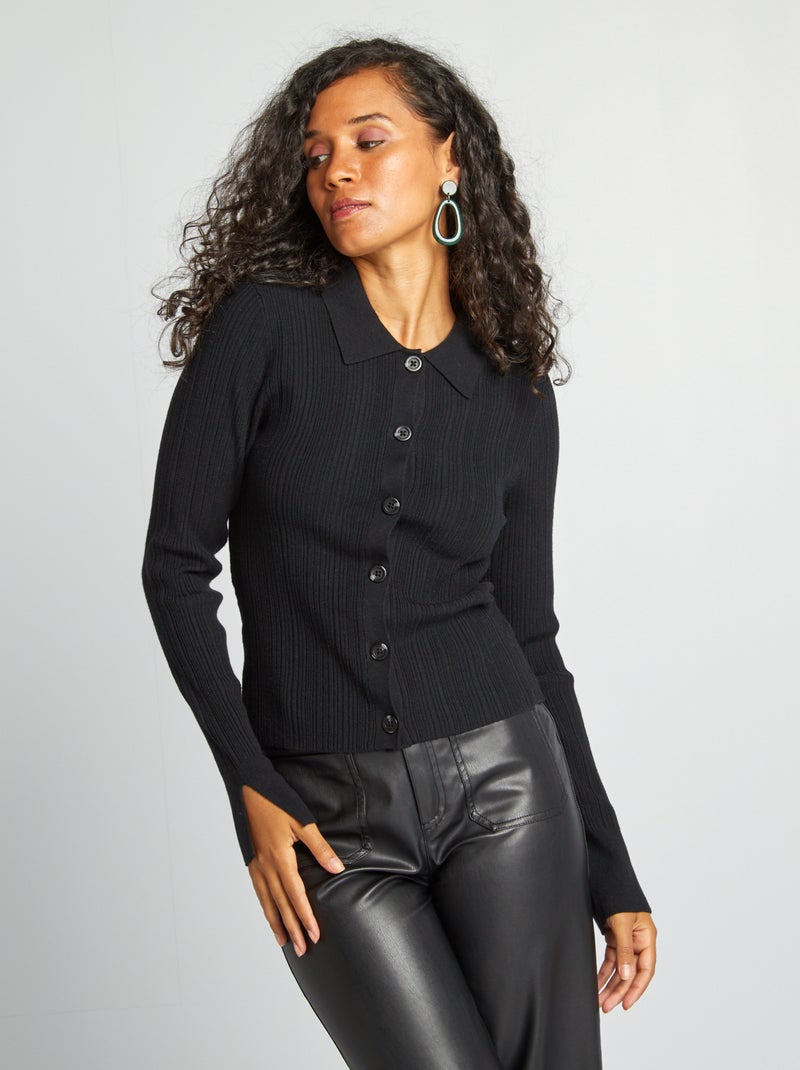 Colete tipo polo de malha nervurada Preto - Kiabi