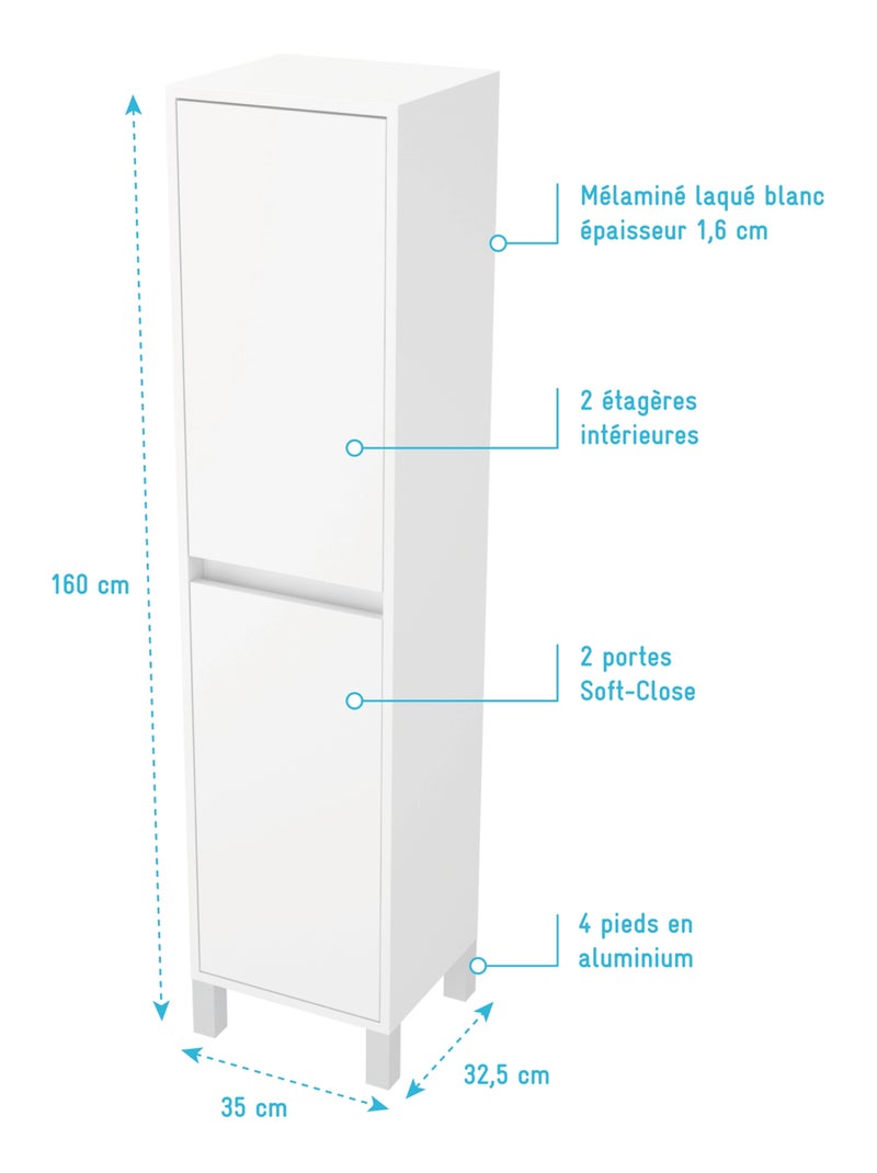 Coluna de casa de banho com 2 portas Branco - Kiabi