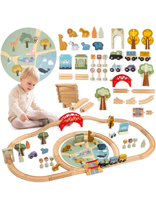 Comboio de madeira brinquedo 106x55cm zoo safari puzzle calhas mamabrum - Kiabi
